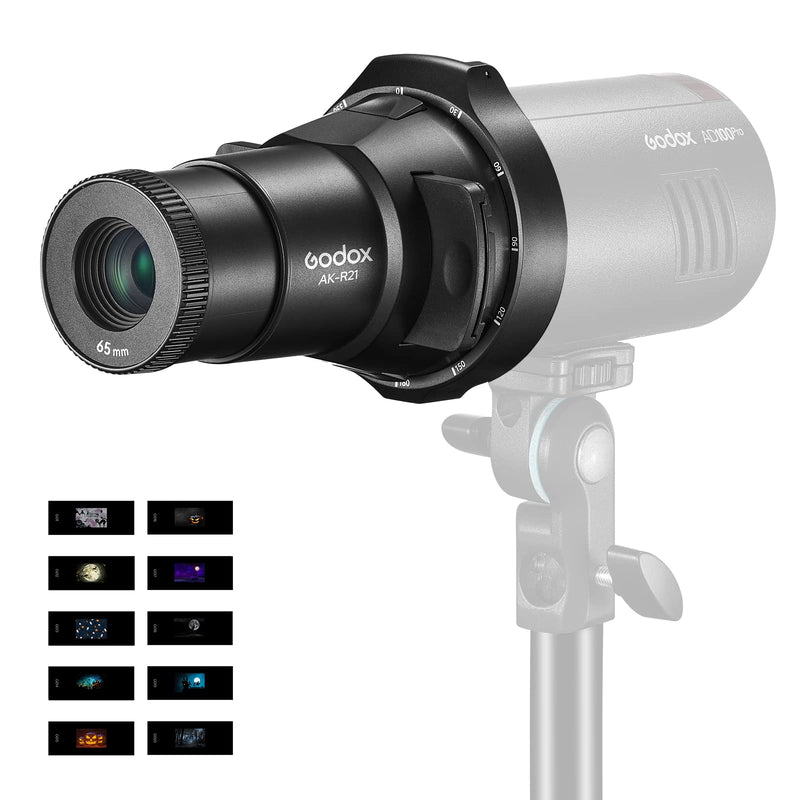 Godox Ak-R21 Conical Snoot Flash Projection Attachment Kit with 65mm Lens and 10pcs Transparency Set with 1/4 Screw for Godox AD100PRO AD200PRO V1Pro, TT685II, V850II V860II, V860III Flash