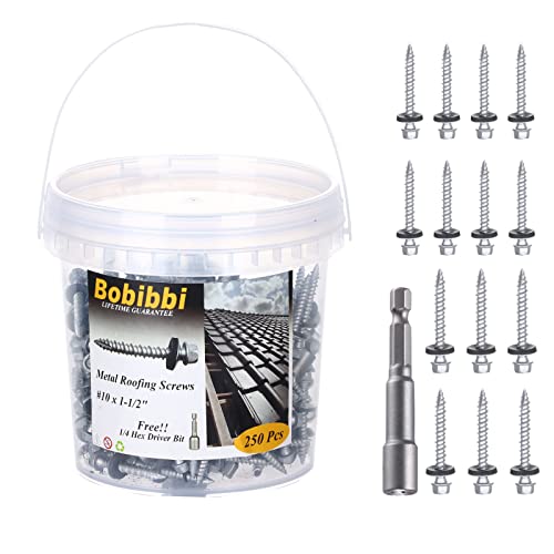 Metal Roofing Screws 10 x 1-1/2 inch, Hex Head Sheet Metal Roof Screw with EPDM Washer for Corrugated Roofing (250Pcs) 10X1-1/2‘’ Silver Ruspert