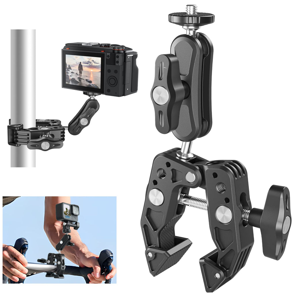 TELESIN Camera Monitor Super Clamp Mount 360 Ballhead Magic Arm with 1/4" 3/8" Port Bike Motorcycle Handlebar Attach Accessories for Canon Nikon DSLR GoPro Isnta360 Video Light Ronin-MX Freefly MOVI