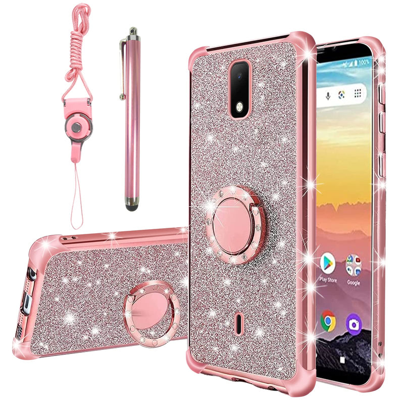 KuDiNi for AT&T Calypso 2/Cricket Debut Case for Women Glitter Crystal Soft Stylish Clear TPU Luxury Bling Cute Protective Cover with Kickstand Strap for Calypso 2 (U319AA) (Glitter Rose) Glitter Rose