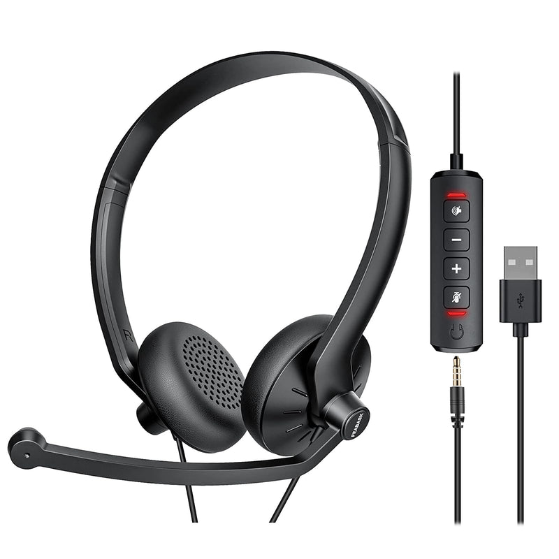 USB Headset with Microphone for PC Laptop - Wired Computer Headphones with Noise Cancelling Microphone for Home Office Online Class Skype Zoom Meetings,in Line Mute Controls USB+3.5mm Black