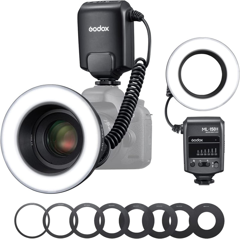 Godox ML150 II Macro Ring Flash with 8pcs Adapter Ring for Sony Canon Nikon Fuji Olympus Panasonic DSLR Cameras, Shooting Insects, Flowers, Portraits, Food and Dental Photography Black