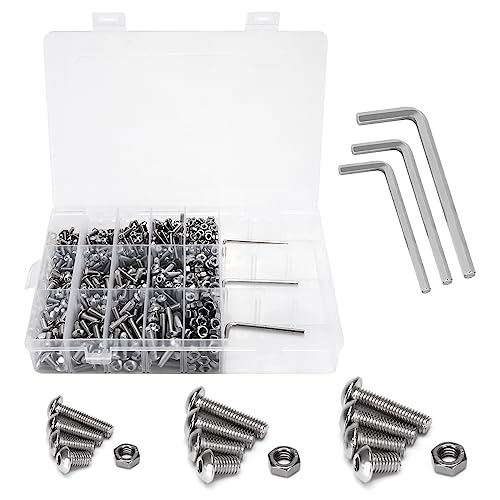 M3 M4 M5 Button Head Socket Cap Screws Bolts Flat Washers and Nuts Assortment Kit Socket Head Screws,304 Stainless Steel,Metric 880pcs 15sizes with 3 Allen (Hex) Keys,Latticed Packaging