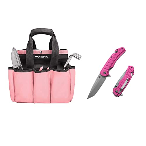 WORKPRO Garden Bag and FLISSA Folding Pocket Knife, Garden Tool Tote Storage Bag with 8 Pockets, Tactical Knife with Liner Lock