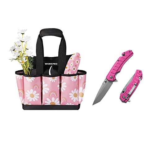 WORKPRO Garden Tool Bag and FLISSA Folding Pocket Knife, Garden Tote Storage Bag with 9 Pockets, Tactical Knife with Liner Lock