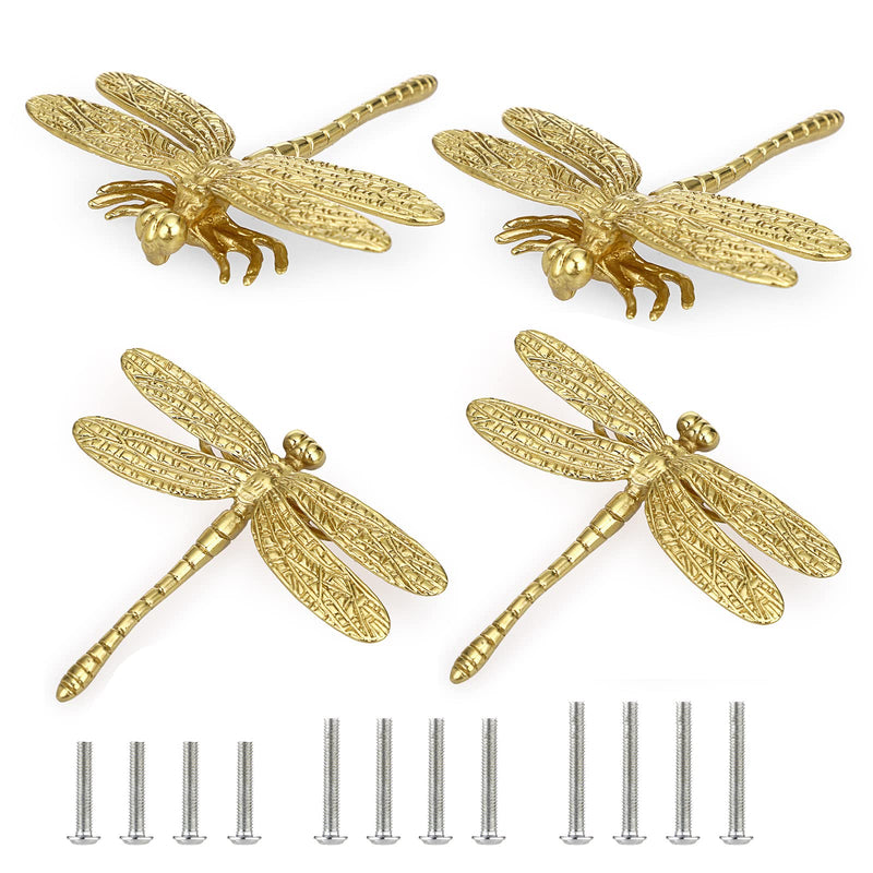 JUXYES Pack of 4 Brass Dragonfly Cabinet Knobs, Golden Tone Cupboard Door Knobs Decorative Dresser Drawer Handle Knobs for Dresser Drawer Cabinet Closet