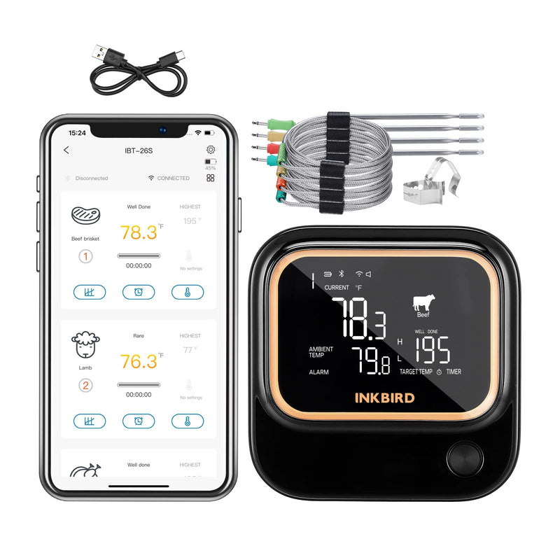 5GHz WiFi & Bluetooth 5.1 Meat Thermometer, Inkbird WiFi Grill Meat Thermometer for Grilling Smoker BBQ Cooking with 4 Probes, IBT-26S Wireless APP Control, Alarm Timer, Backlit LCD, Rechargeable 26S
