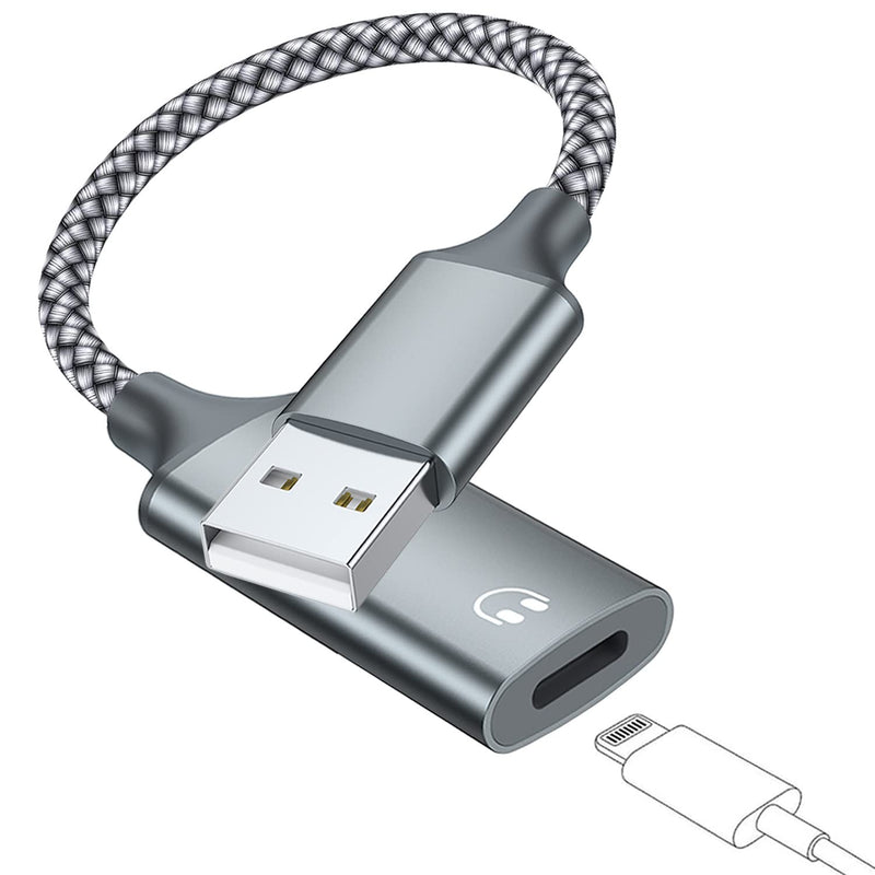 USB A to Lightning Audio Adapter Cable USB 3.0 Male to Lightning Female HiFi Audio Headphones Converter Fit with USB A MacBook Computer PC Support Volume Control Mic Nylon Braided Grey