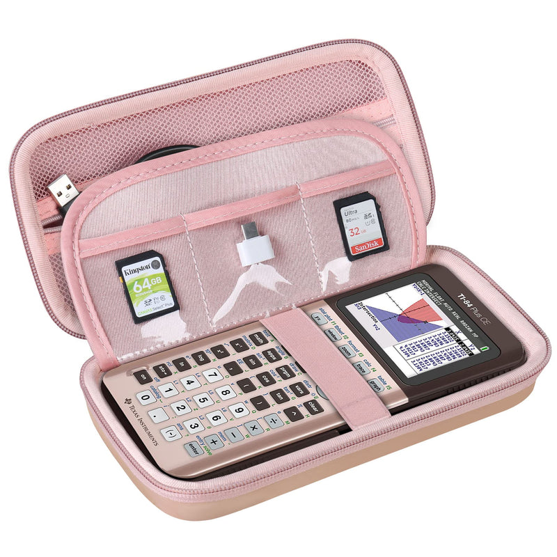 BOVKE Hard Calculator Case for Texas Instruments TI-84 Plus CE Color Graphing Calculator/TI-84 Plus/TI-83 Plus CE, Extra Zipped Pocket for USB Cables, Charger, Manual and More, Rose Gold A_Rosegold