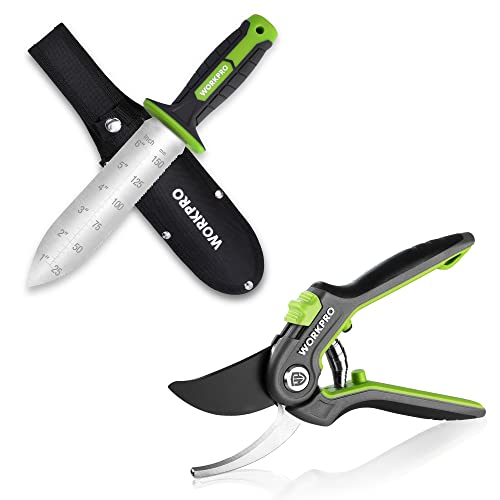WORKPRO 8’’ Bypass Pruning Shears & WORKPRO Hori Hori Garden Knife，Stainless Steel Blade, Ideal for Weeding, Planting, Digging