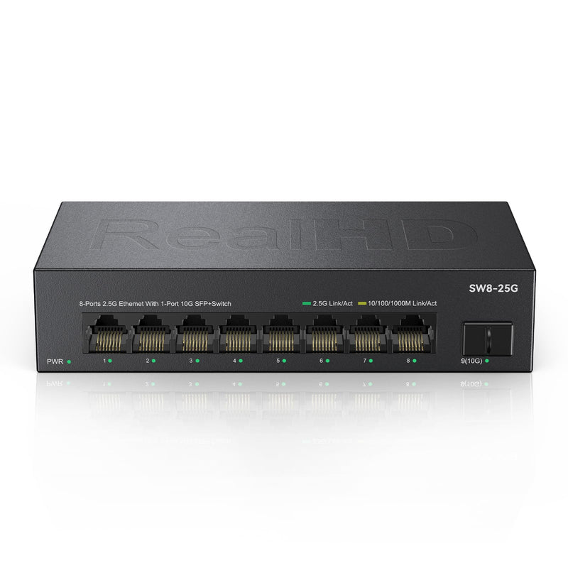 Real HD 8 Port 2.5G Ethernet Switch Unmanaged Network Switch with 8 x 2.5 Gigabit | 1 x 10G SFP+ | Work with 10-100-1000Mbps Devices | 60G Bandwidth | Plug & Play | Fanless Quiet Metal Internet Switch 8 port 2.5G ethernet switch without PoE
