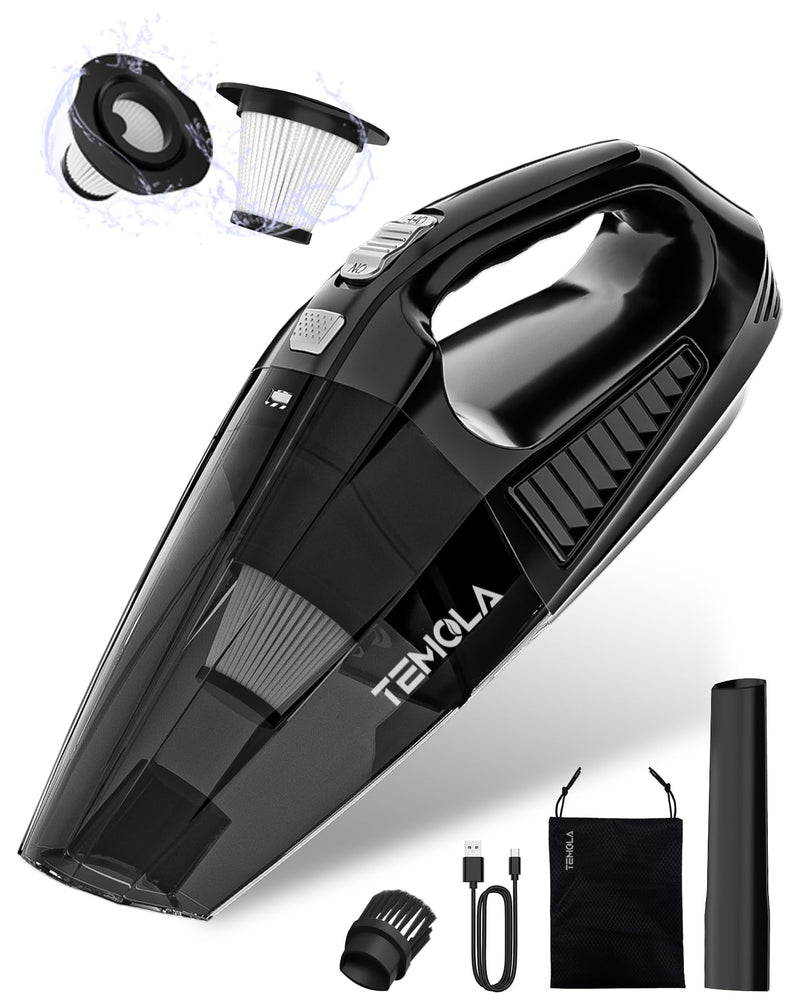 TEMOLA Handheld Vacuum Cordless, Car Vacuum Cleaner High Power Rechargeable with HEPA Filter, Small Hand Held Vacuum Car Interior Vacuum Cleaning Accessories Detailing Kit Essentials for Women Men Black