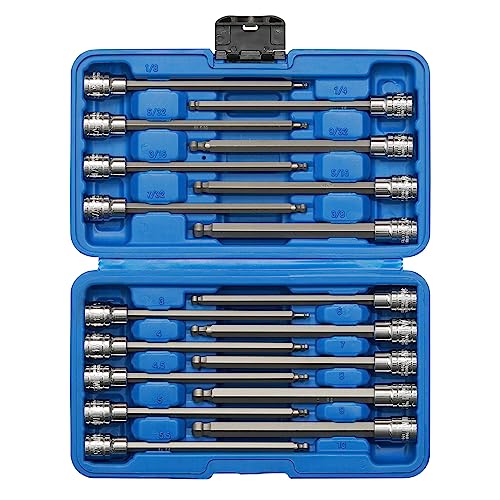EMENTOL 18PCS 3/8" Drive Long Ball-End Hex Bit Socket Set, CR-V, S2 Steel, SAE/Metric, Extra Long Allen Bit Socket Set, 1/8 Inch - 3/8 Inch, 3mm - 10mm