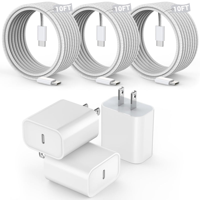 [3 Pack]Long 10FT iPhone 16 15 Charger 20W Fast Wall Charger Block,10Foot USB C to C Braided Woven Cable Fast Charging for iPhone 16/16 Pro/16 Pro Max/16 Plus/iPhone 15/15 Pro/15 Pro Max/iPad 12.9 Pro