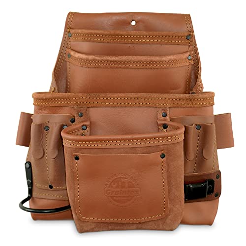 Graintex PS1980 :: 10 Pocket Nail & Tool Pouch Tan Color Industrial Grade Leather; for Handyman, Constructors, Plumbers, Electrician