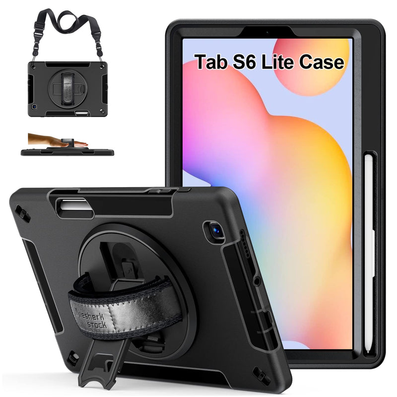 Case for Galaxy Tab S6 Lite: Military Grade TPU Cover for Samsung Galaxy Tablet S6 Lite 10.4 Inch 2022/2020 (SM-P610/P613/P615/P619) W/Stand - Shoulder Strap - Handle - S-Pen Holder- Black Galaxy Tab S6 Lite 10.4 inch 2022/2020 Black+Black