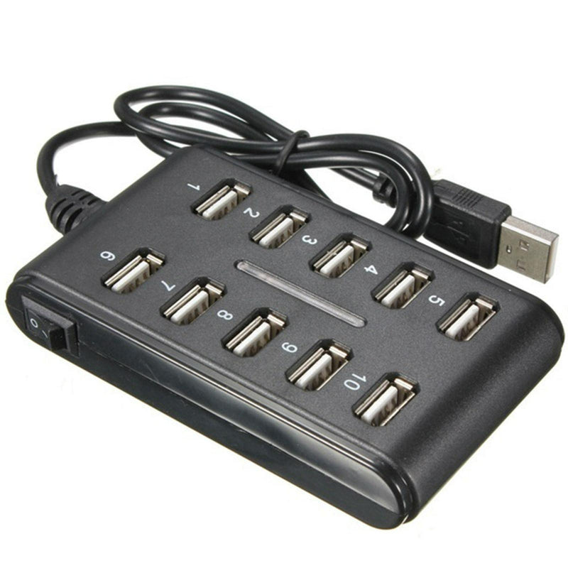 Xiaokeis 10-Port USB 2.0 Hub - Powered, Portable with Fashion Appearance, Suitable for Household Usage, Mini USB Port Can be Space Saving (Black) Black