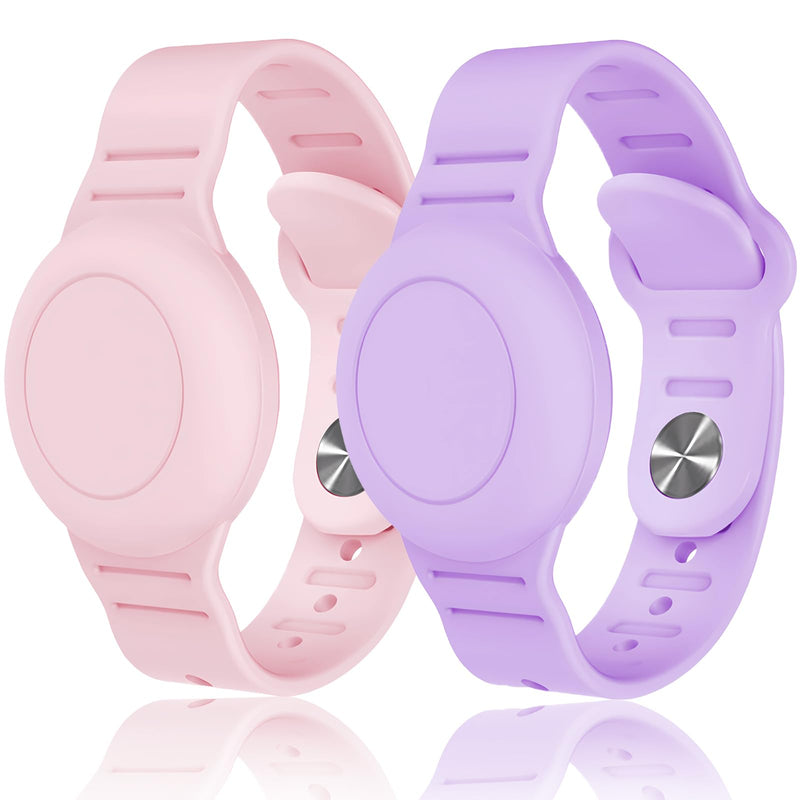 Kids Waterproof Airtag Bracelet Compatible with Apple AirTag, Hidden Silicon Protective Case for Air Tag GPS Tracker Holder, Adjustable Anti-Lost Watch Band for Toddler Child (Pink & Purple) Pink&Purple