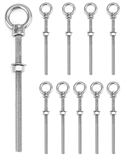 QWORK 3/8"x6" Stainless Steel Shoulder Eye Bolts – 10 Pack Machine Thread Set with Nuts for Metal Frame, Rigging & Cable Mounting 3/8" x 6"