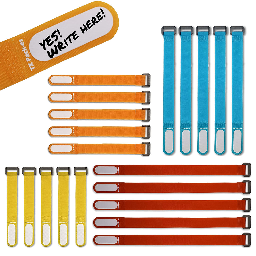 Multi-Purpose Cinch Straps (Assorted-Color 20 Pack). Reusable Waterproof Hook and Loop Cable Tie, Write-on Label for Easy Cord & Stuff Indentification, Organization & Management, by TX Pack-es