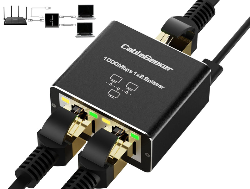 CableGeeker Ethernet Splitter 1 to 2 High Speed 1000Mbps, Gigabit RJ45 Internet Splitter with USB Power Cable, Network LAN Adapter for Cat 5/6/7/8 Cable [2 Devices Simultaneous Networking] 1000Mbps Ethernet Splitter High Speed 1 to 2