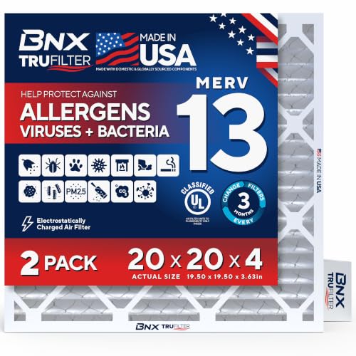 BNX TruFilter 20x20x4 (19.5’’ x 19.5’’ x 3.63‘’ Slim Fit) MERV 13 Air Filter (2-Pack) - MADE IN USA - Air Conditioner HVAC AC Furnace Filters Health, Allergies, Mold, Bacteria, Smoke, MPR 1900 FPR 10 20x20x4 2-Pack (Slim Fit)
