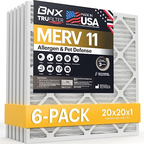 BNX TruFilter 20x20x1 Air Filter MERV 11 (6-Pack) - MADE IN USA - Allergen Defense Electrostatic Pleated Air Conditioner HVAC AC Furnace Filters for Allergies, Dust, Pet, Smoke, Allergy MPR 1200 FPR 7 20x20x1 6-Pack