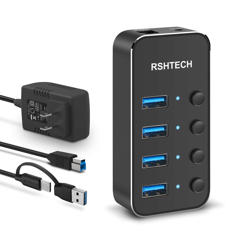 USB 3.0 Hub RSHTECH 4 Port Powered USB 3.0/USB C Hub Upgraded Version with 2-in-1 3.3ft USB Cable,5V Power Adapter and Individual Switches, Portable Aluminum USB Splitter for Laptop and PC, RSH-ST04 4-Port USB hub