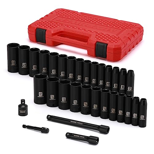 MIXPOWER 3/8" Drive Deep Impact Socket Set, 6 Point, 31 Piece SAE and Metric Socket Set, 7-22mm, 5/16"-1", Cr-V Steel Mechanic Socket Set 9/32" - 1" (Deep)