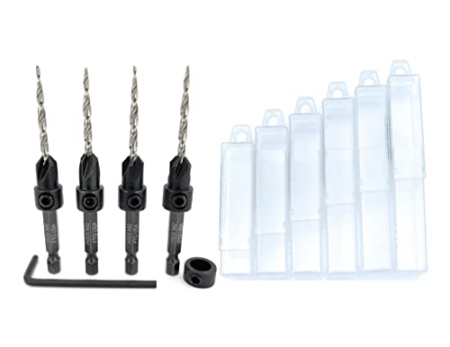 FTG USA Countersink Drill Bit Set 4 Pc Same Size #6 (9/64") with Tapered Countersink Bit, 6 Storage Containers 1 Stop Collar, 1 Hex Wrench