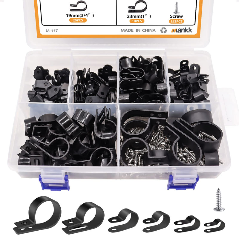 mankk 306 Pcs Nylon Plastic R-Type Cable Clips 6 Sizes (3/16'' 1/4'' 3/8'' 1/2'' 3/4'' 1'') Wire Mounting Clips Cable Clamps Assortment Kit with Head Phillips Screws for Cable Management M-117 306 Pack 6 Size