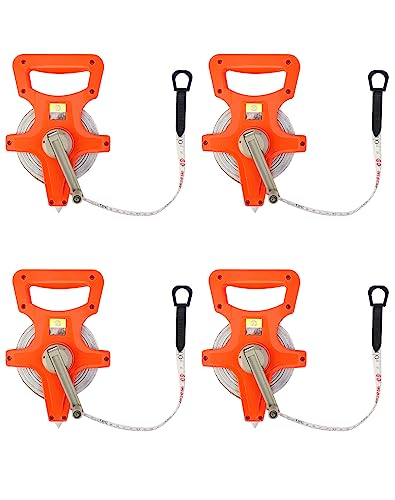 QWORK 1/2" x 100' Fiberglass Tape Measure, 4 Pack Engineer's Open Reel Dual Sided Measure, Orange Orange - 4 pack 100 ft