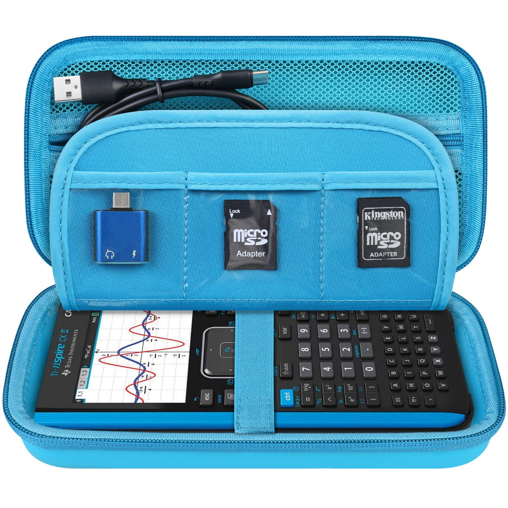 Elonbo Hard Travel Case for Texas Instruments TI-Nspire CX II CAS/CX II/CX CAS Color Graphing Calculator, Extra Zipped Pocket Fits Charging Cable, Charger, Manual, Blue