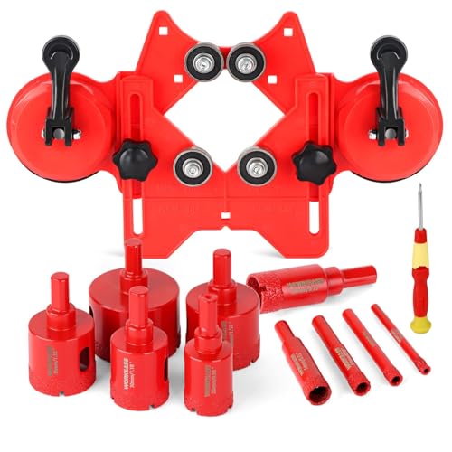 WORKEASE Diamond Hole Saw Kit, 11 Pcs Brazed Hollow Tile Set (0.24”-2”) with Double Suction Cups Guide Jig, Drill Bit Suitable for Glass, Ceramic, Tile, Marble, Porcelain Red 10PCS-Red (0.24”-2”)