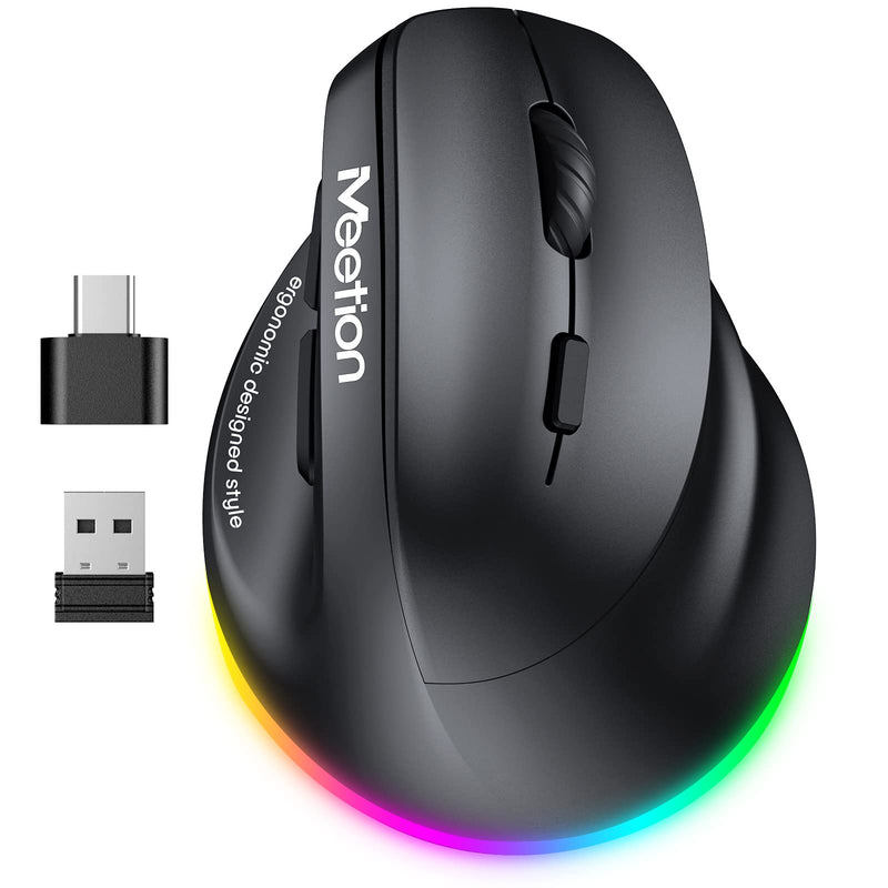 MEETION Ergonomic Mouse, Wireless Vertical Mouse RGB Backlit Rechargeable Mice for Bluetooth(5.2 + 3.0) & USB-A with USB-C Adapter 4 Adjustable DPI Compatible Mac/Windows/Andriod/PC/Tablet/iPad Black Medium-Large Right-Handed