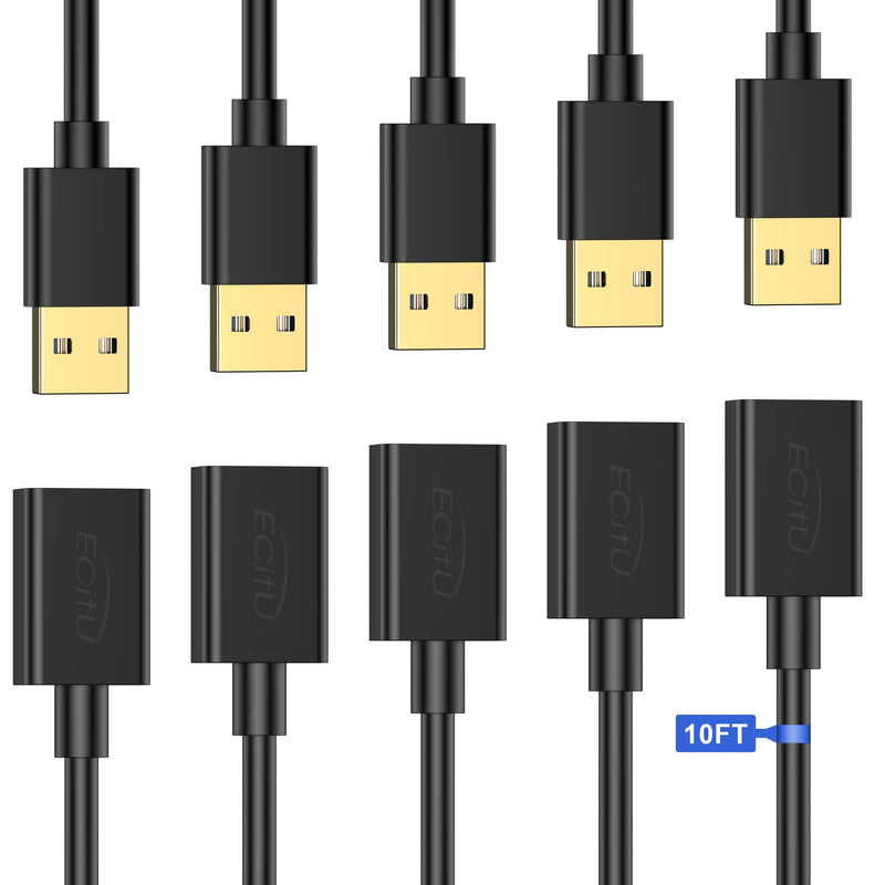 USB Extender Cord 10FT(5 Pack), USB 2.0 Extension Cable, USB A Male to Female, Compatible for USB Flash Drive, Hard Drive, Card Reader, Webcam, Printer, Keyboard, Mouse, Playstation, Xbox, VR Headset 5 PACK