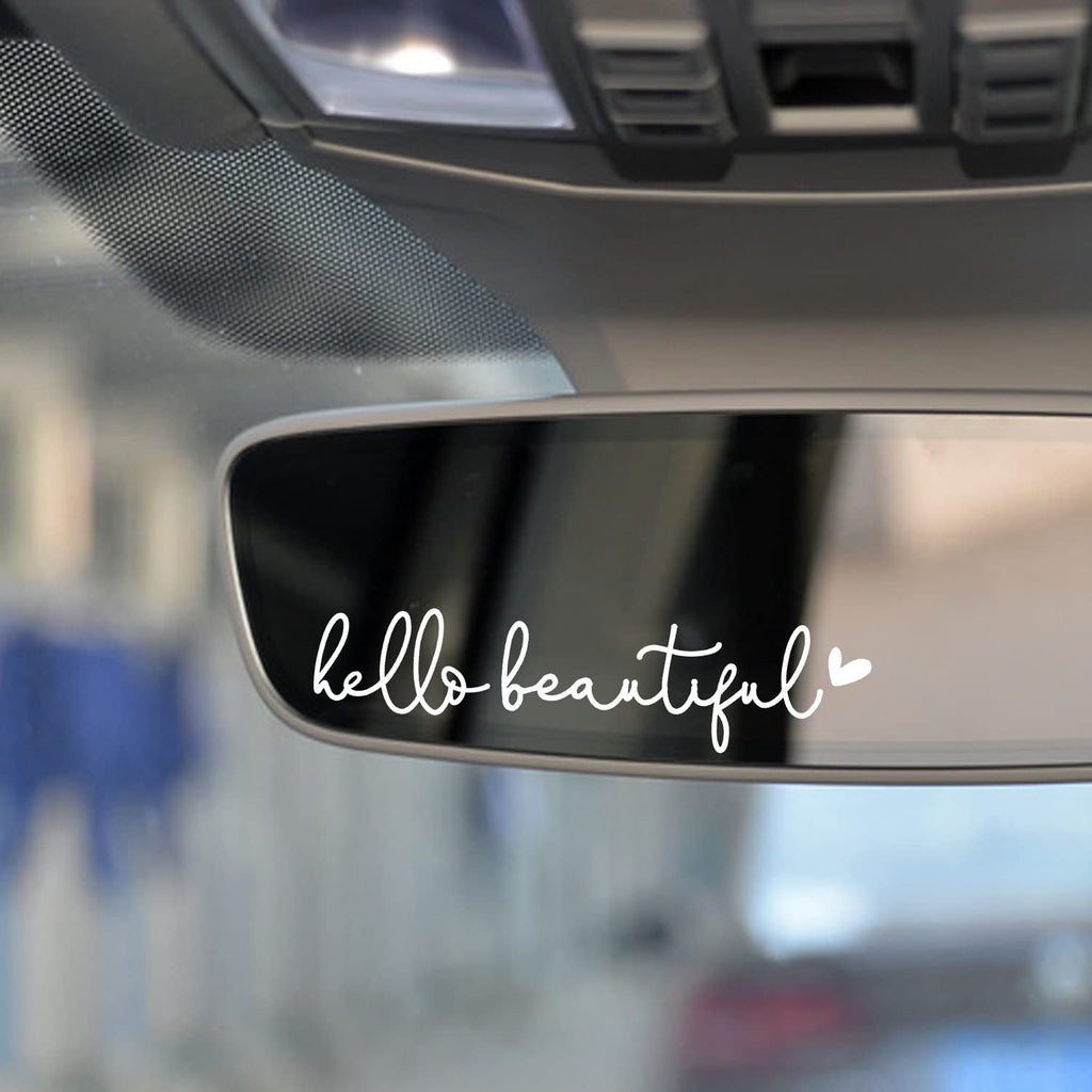 3x Hello Beautiful Rearview Mirror Decal, Vanity Mirror Stickers, Rear View Mirror Vinyl Decal, Car Accessories Gifts, Car Decal For Women, Car Window Decal, Self Affirmations Decal White