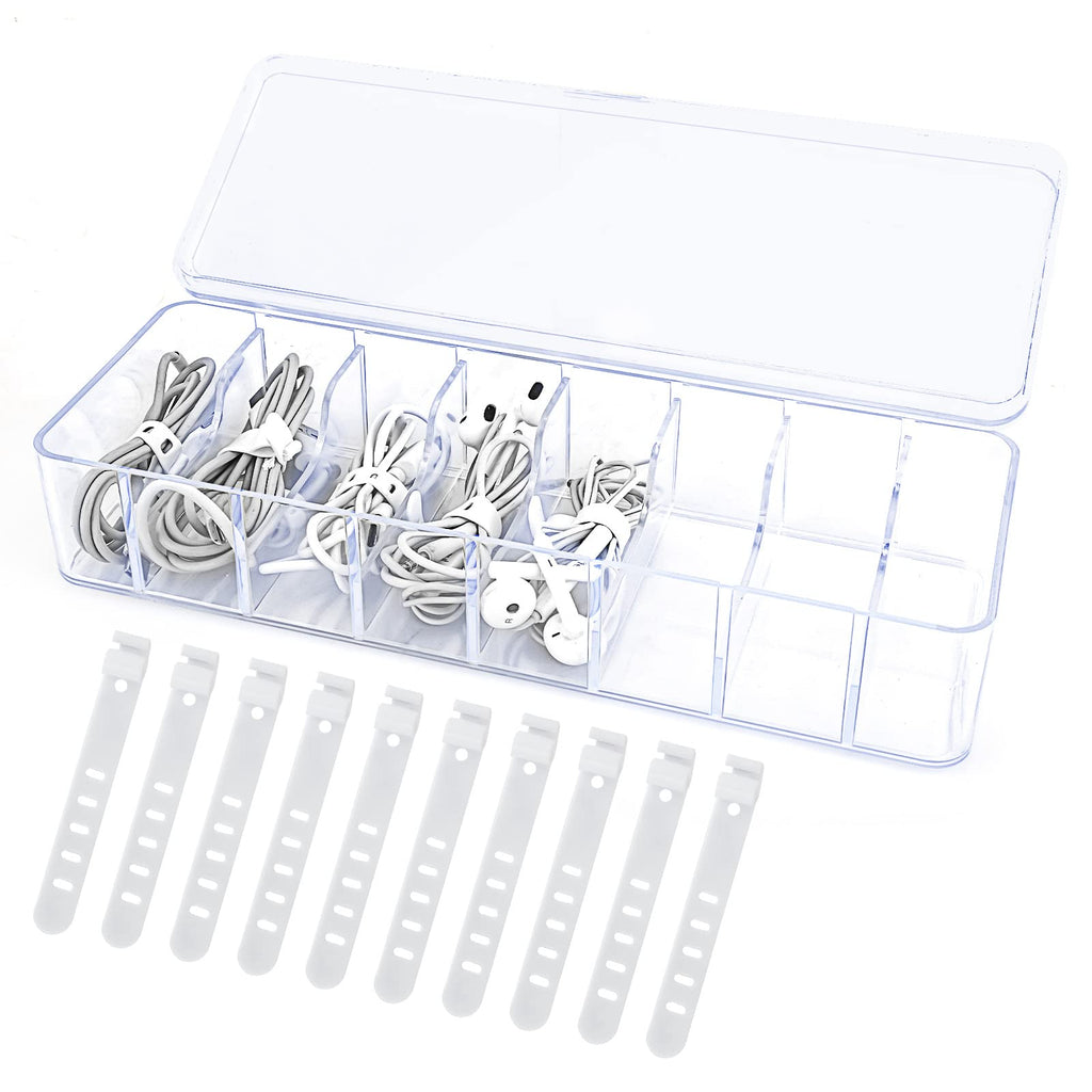 Cable Organizer Storage Box, Plastic Cable Cord Management Box with 10 Silicon Ties Waterproof Charger Cord Organizer USB Cord Organizer Storage for Office, Home