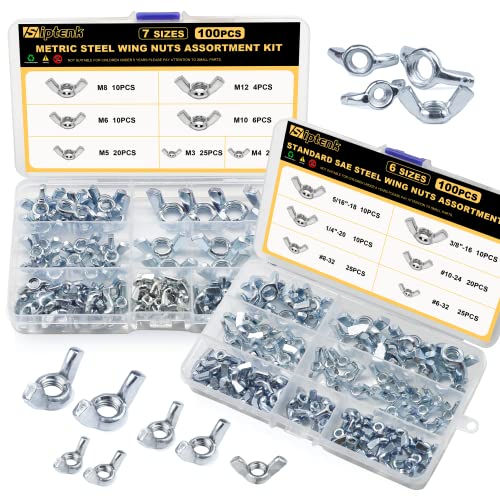 Siptenk 200PCS Metric & SAE Wing Nuts Assortment Kit M3-M12 6-32 to 3/8"-16 200 SAE & Metric