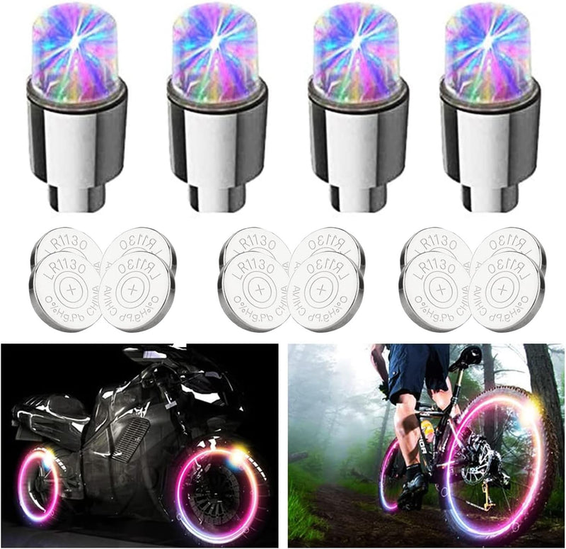 4 Pack LED Tire Valve Lights,Car Tires Bike Truck Golf Cart Wheel Assemblies Light up Air Neon Bicycle Motorcycle Tyre Valve Lights with 12 Extra Batteries (Colorful)