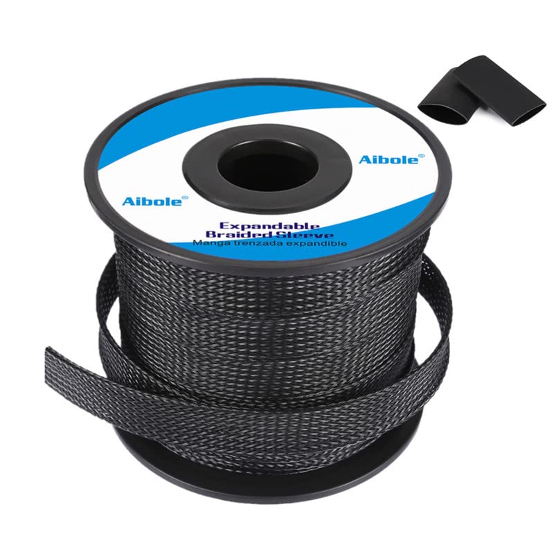 PET Expandable Braided Sleeving 100Ft-1 inch Wire Loom, Aibole Braided Cable Sleeve Wire Wrap,Black 100FT-1Inch Black