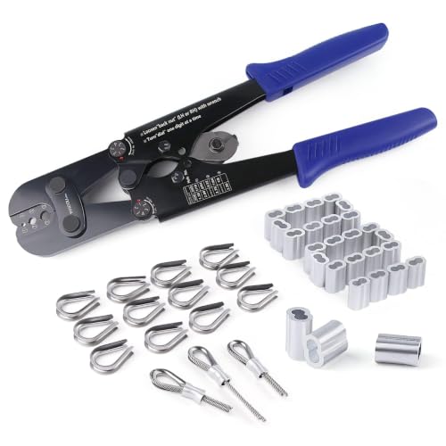 Yangoutool Wire Rope Crimping and Cutting Kit for 1/16-1/8 Inch Steel Cable, with 100 Aluminum Sleeves and 50 Thimbles for Aluminum Oval Sleeves, Double Sleeve 1608T