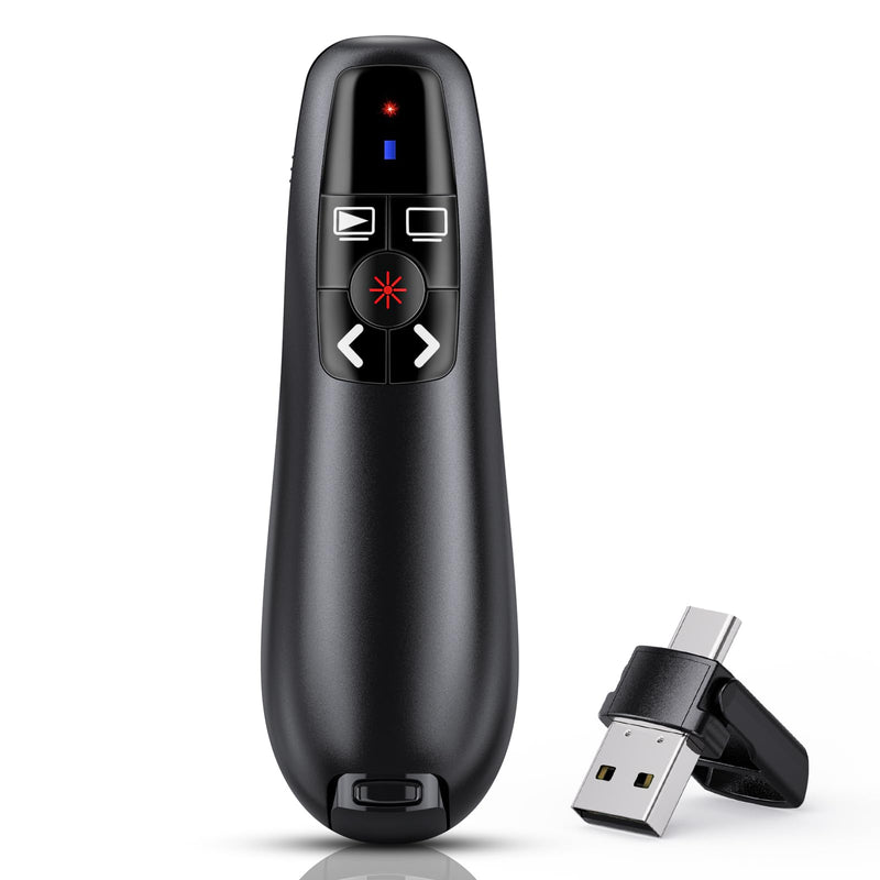 Presentation Clicker with 2-in-1 USB Type C, Wireless Presenter Remote Clicker for PowerPoint Presentations, Pointer RF 2.4GHz USB PowerPoint Clicker Slide Advancer with Volume Control F04 AAA-USB-C