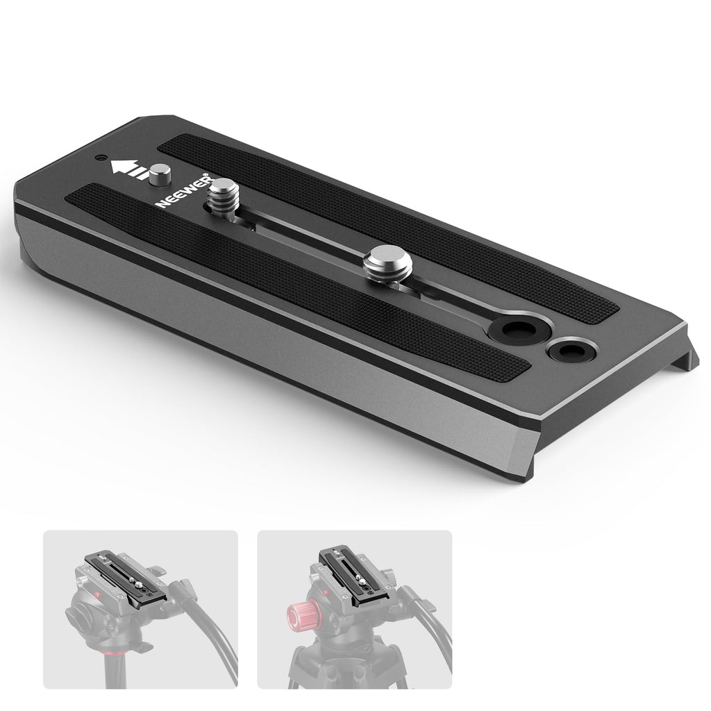 NEEWER 501PL Quick Release Plate Compatible with Manfrotto MVH500AH 501HDV, Camera Mounting Plate with 1/4" and 3/8" Screws, Retractable Anti Off Pin for GM001 GM002 GM006 Tripod Fluid Heads, QR5