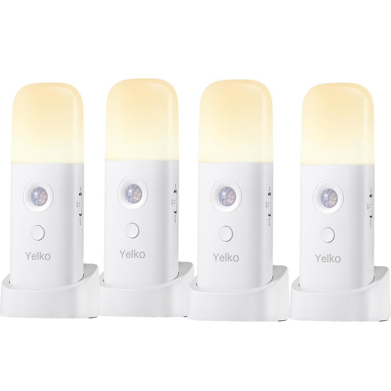 YELKO Motion Sensor Night Lights, Rechargeable nightlights Battery Operated, Dimmable Table lamp with 5 Levels Brightness Adjustable, Cordless Dimmable LED Nursery Night Lights for Home Warm White Four Pack
