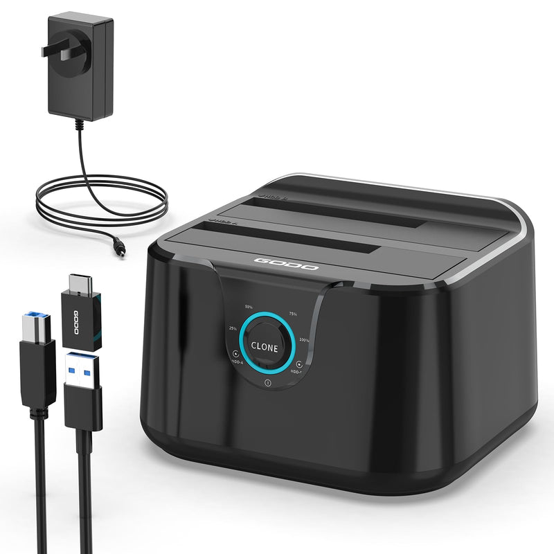GODO USB 3.0 to SATA III Mini Dual Bay External Hard Drive Docking Station for 2.5 / 3.5 inch HDD SSD,Support Offline Clone,Hot Pluggable,with USB C Adapter,UASP