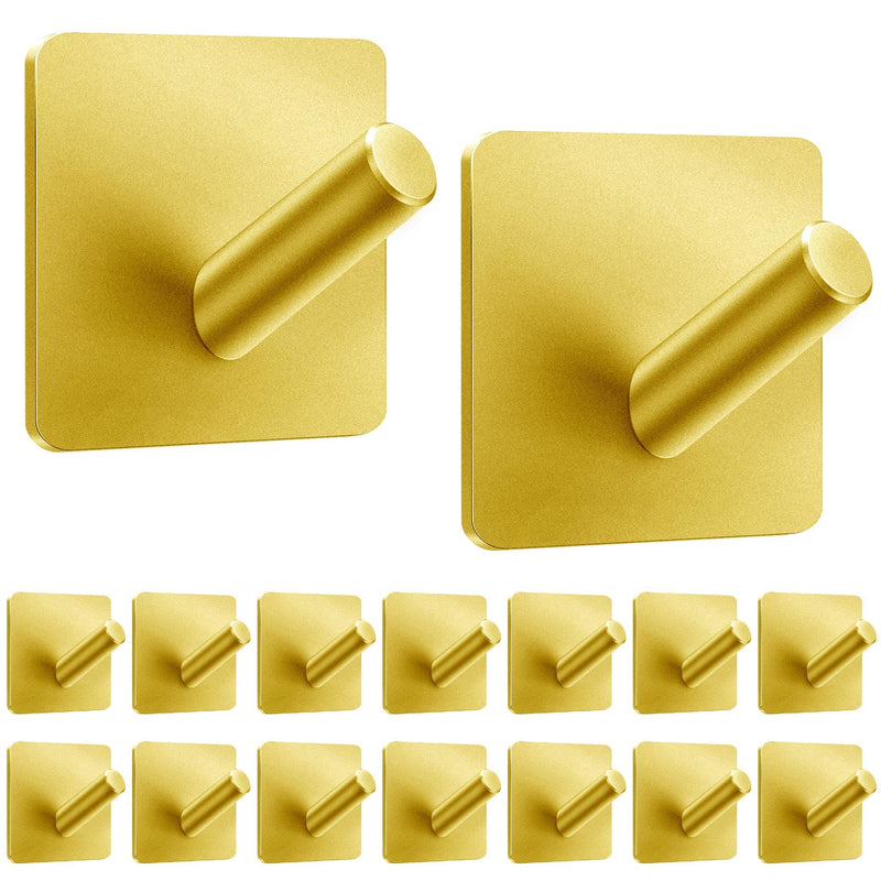 xdgeLoad Heavy Duty Adhesive Hooks, Bath Towel Hooks 16 Pack, Adhesive Wall Hooks for Bathrooms/Coat/Robe/Kitchen, Non-Punching self-Adhesive Hooks, Matte Stainless Steel Gold, JRG-US-V16P-GOLD