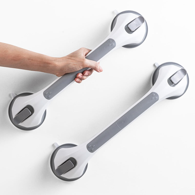 LEVERLOC 2 Pack Shower Grab Bars for Bathtubs and Showers, Easy to Install Suction Shower Handles for Bathroom Removable Handrails for Seniors Elderly Heavy Duty Safety Grip Waterproof Drill Free Gray 16.8” 2 Set
