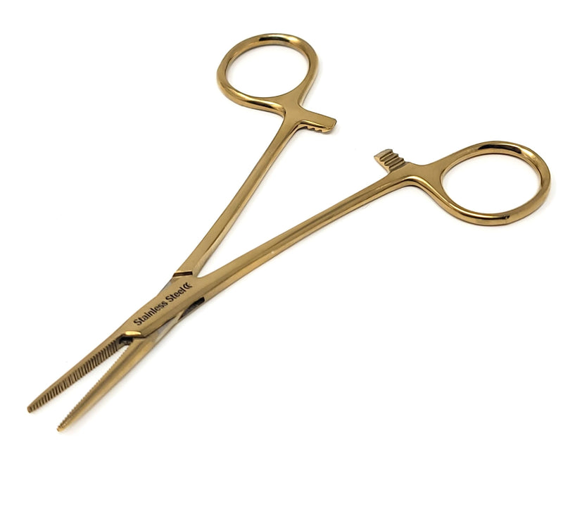 Mosquito Hemostat Locking Forceps 5" Straight with Full Serrated Jaws Ideal for Clamping, Fishing, Firefighters Nurses Doctors + More (Full Gold) Full Gold