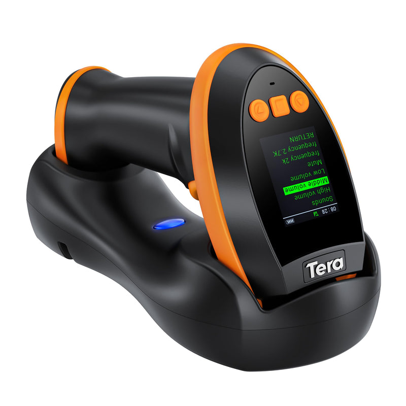 Tera Barcode Scanner Wireless with Screen: Pro Version 1D 2D QR with Setting Keypad Charging Cradle Works with Bluetooth 2.4G Wireless USB Wired Handheld Bar Code Reader HW0009 Orange